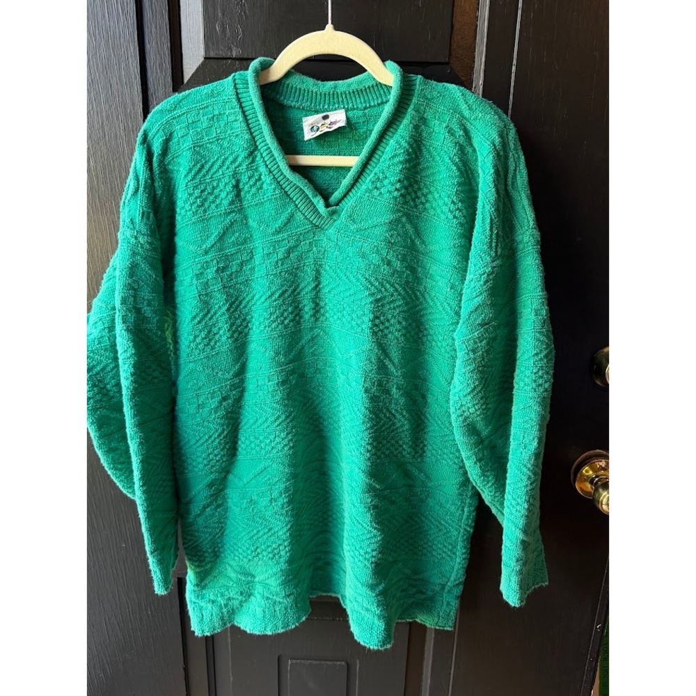 Vintage Class 955 Womens 90s Emerald Green V-Neck Roll Neck Sweater Baggy XL